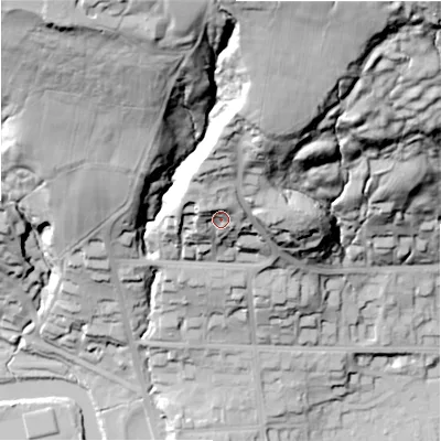 Shaded relief map of the ground around LS290AU, computed from Environment Agency LiDAR. The ground here sits at about 113 m above sea level and falls 90 m across the surrounding 800 m. Surface water reaching this point runs off ground lying to the north, 12.8 m higher.