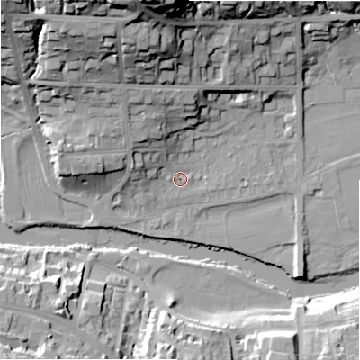 Shaded relief map of the ground around LS290AW, computed from Environment Agency LiDAR. The ground here sits at about 74 m above sea level and falls 40 m across the surrounding 800 m. Surface water reaching this point runs off ground lying to the north-west, 8.5 m higher.