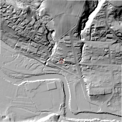Shaded relief map of the ground around LS290BD, computed from Environment Agency LiDAR. The ground here sits at about 83 m above sea level and falls 71 m across the surrounding 800 m. Surface water reaching this point runs off ground lying to the north-north-east, 52.9 m higher.
