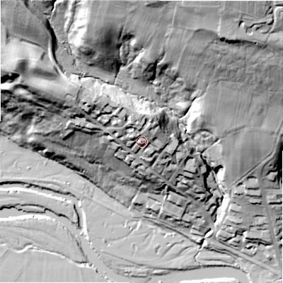 Shaded relief map of the ground around LS290BG, computed from Environment Agency LiDAR. The ground here sits at about 116 m above sea level and falls 96 m across the surrounding 800 m. Surface water reaching this point runs off ground lying to the north-north-west, 13.1 m higher.