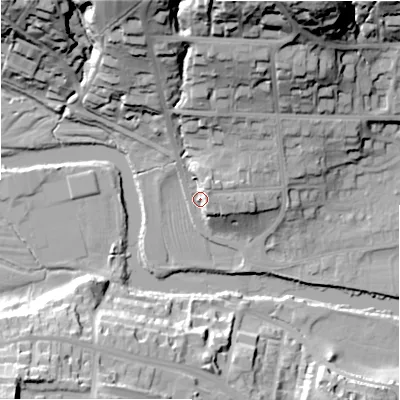 Shaded relief map of the ground around LS290DA, computed from Environment Agency LiDAR. The ground here sits at about 77 m above sea level and falls 47 m across the surrounding 800 m. Surface water reaching this point runs off ground lying to the north, 23.1 m higher.