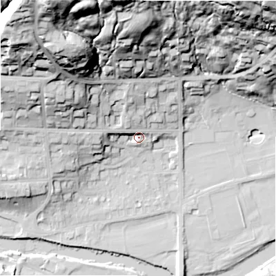 Shaded relief map of the ground around LS290DB, computed from Environment Agency LiDAR. The ground here sits at about 76 m above sea level and falls 65 m across the surrounding 800 m. Surface water reaching this point runs off ground lying to the north-north-west, 55.7 m higher.