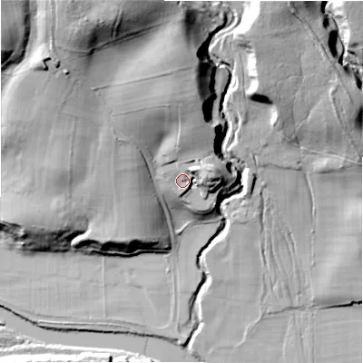 Shaded relief map of the ground around LS290DF, computed from Environment Agency LiDAR. The ground here sits at about 85 m above sea level and falls 53 m across the surrounding 800 m. Surface water reaching this point runs off ground lying to the north, 17.2 m higher.