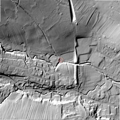 Shaded relief map of the ground around LS290JE, computed from Environment Agency LiDAR. The ground here sits at about 107 m above sea level and falls 58 m across the surrounding 800 m. Surface water reaching this point runs off ground lying to the north-west, 46.4 m higher.