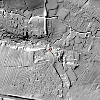 Shaded relief map of the ground around LS290LP, computed from Environment Agency LiDAR. The ground here sits at about 105 m above sea level and falls 64 m across the surrounding 800 m. Surface water reaching this point runs off ground lying to the south-west, 24.1 m higher.