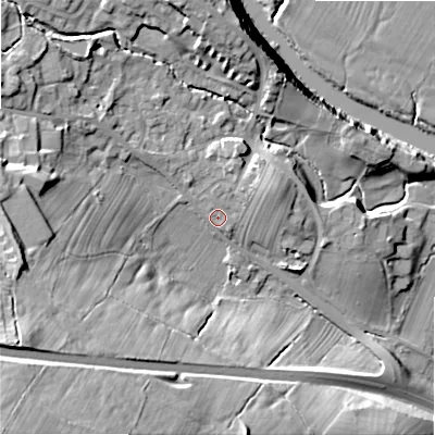 Shaded relief map of the ground around LS290LT, computed from Environment Agency LiDAR. The ground here sits at about 90 m above sea level and falls 55 m across the surrounding 800 m. Surface water reaching this point runs off ground lying to the north-north-east, 3.5 m higher.