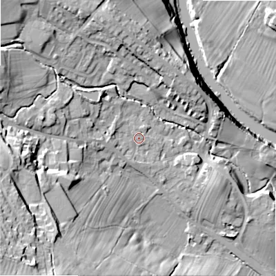 Shaded relief map of the ground around LS290LX, computed from Environment Agency LiDAR. The ground here sits at about 93 m above sea level and falls 48 m across the surrounding 800 m. Surface water reaching this point runs off ground lying to the west, 3.0 m higher.
