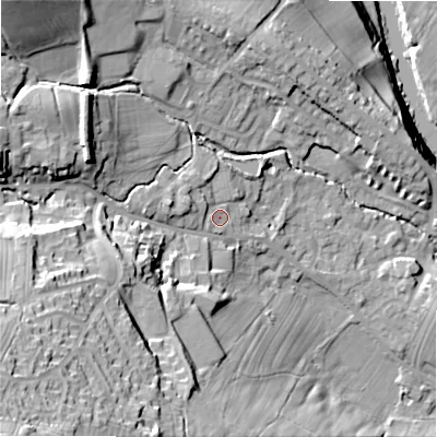 Shaded relief map of the ground around LS290LY, computed from Environment Agency LiDAR. The ground here sits at about 97 m above sea level and falls 58 m across the surrounding 800 m. Surface water reaching this point runs off ground lying to the south-west, 1.5 m higher.