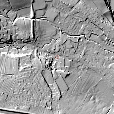 Shaded relief map of the ground around LS290LZ, computed from Environment Agency LiDAR. The ground here sits at about 98 m above sea level and falls 64 m across the surrounding 800 m. Surface water reaching this point runs off ground lying to the south-west, 42.6 m higher.