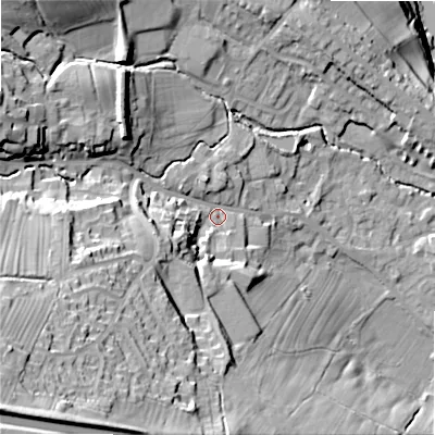 Shaded relief map of the ground around LS290NB, computed from Environment Agency LiDAR. The ground here sits at about 98 m above sea level and falls 65 m across the surrounding 800 m. Surface water reaching this point runs off ground lying to the south-west, 42.2 m higher.