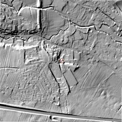 Shaded relief map of the ground around LS290ND, computed from Environment Agency LiDAR. The ground here sits at about 103 m above sea level and falls 66 m across the surrounding 800 m. Surface water reaching this point runs off ground lying to the south-south-west, 9.3 m higher.