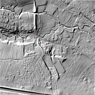 Shaded relief map of the ground around LS290NF, computed from Environment Agency LiDAR. The ground here sits at about 104 m above sea level and falls 65 m across the surrounding 800 m. Surface water reaching this point runs off ground lying to the south-west, 46.4 m higher.