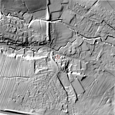 Shaded relief map of the ground around LS290NG, computed from Environment Agency LiDAR. The ground here sits at about 103 m above sea level and falls 61 m across the surrounding 800 m. Surface water reaching this point runs off ground lying to the south-south-west, 10.3 m higher.