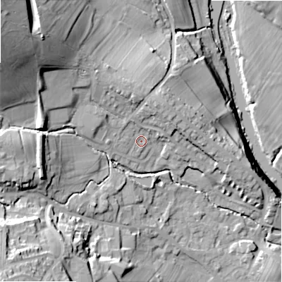 Shaded relief map of the ground around LS290NN, computed from Environment Agency LiDAR. The ground here sits at about 96 m above sea level and falls 44 m across the surrounding 800 m. Surface water reaching this point runs off ground lying to the north-north-east, 7.6 m higher.