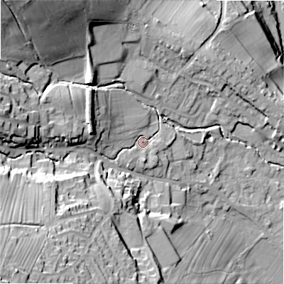 Shaded relief map of the ground around LS290NP, computed from Environment Agency LiDAR. The ground here sits at about 99 m above sea level and falls 59 m across the surrounding 800 m. Surface water reaching this point runs off ground lying to the south-west, 42.7 m higher.