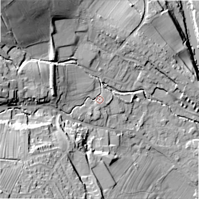 Shaded relief map of the ground around LS290NQ, computed from Environment Agency LiDAR. The ground here sits at about 98 m above sea level and falls 55 m across the surrounding 800 m. Surface water reaching this point runs off ground lying to the south-west, 39.8 m higher.