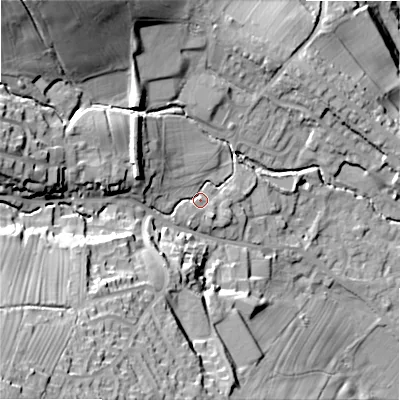 Shaded relief map of the ground around LS290NR, computed from Environment Agency LiDAR. The ground here sits at about 100 m above sea level and falls 61 m across the surrounding 800 m. Surface water reaching this point runs off ground lying to the south-west, 43.9 m higher.