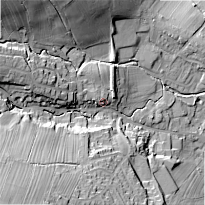 Shaded relief map of the ground around LS290NS, computed from Environment Agency LiDAR. The ground here sits at about 108 m above sea level and falls 57 m across the surrounding 800 m. Surface water reaching this point runs off ground lying to the north-west, 5.7 m higher.