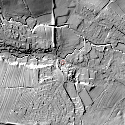 Shaded relief map of the ground around LS290NT, computed from Environment Agency LiDAR. The ground here sits at about 101 m above sea level and falls 60 m across the surrounding 800 m. Surface water reaching this point runs off ground lying to the south-west, 49.3 m higher.