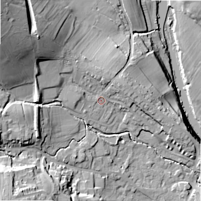 Shaded relief map of the ground around LS290NW, computed from Environment Agency LiDAR. The ground here sits at about 98 m above sea level and falls 47 m across the surrounding 800 m. Surface water reaching this point runs off ground lying to the north-west, 29.2 m higher.