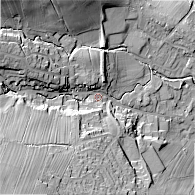 Shaded relief map of the ground around LS290PB, computed from Environment Agency LiDAR. The ground here sits at about 104 m above sea level and falls 60 m across the surrounding 800 m. Surface water reaching this point runs off ground lying to the south-west, 49.2 m higher.