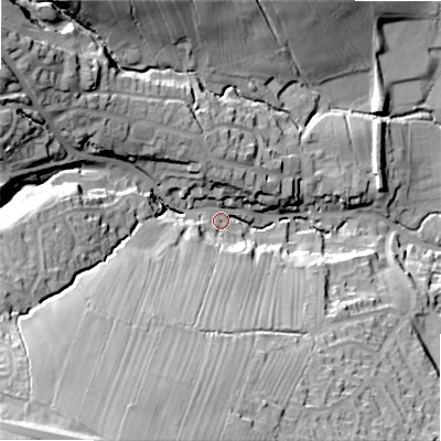 Shaded relief map of the ground around LS290PD, computed from Environment Agency LiDAR. The ground here sits at about 111 m above sea level and falls 63 m across the surrounding 800 m. Surface water reaching this point runs off ground lying to the south-west, 50.7 m higher.