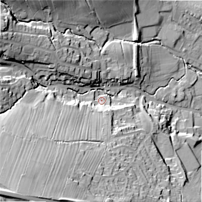 Shaded relief map of the ground around LS290PJ, computed from Environment Agency LiDAR. The ground here sits at about 108 m above sea level and falls 64 m across the surrounding 800 m. Surface water reaching this point runs off ground lying to the south-south-west, 20.2 m higher.