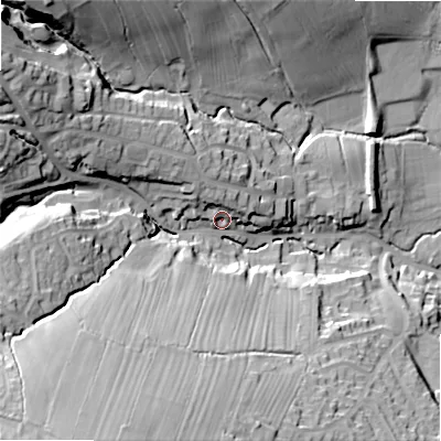 Shaded relief map of the ground around LS290PL, computed from Environment Agency LiDAR. The ground here sits at about 112 m above sea level and falls 58 m across the surrounding 800 m. Surface water reaching this point runs off ground lying to the south-west, 45.6 m higher.