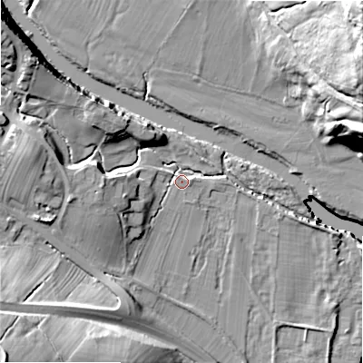 Shaded relief map of the ground around LS290QP, computed from Environment Agency LiDAR. The ground here sits at about 84 m above sea level and falls 47 m across the surrounding 800 m. Surface water reaching this point runs off ground lying to the north-west, 13.3 m higher.