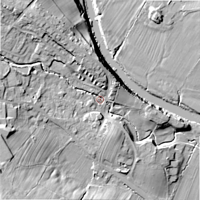 Shaded relief map of the ground around LS290QY, computed from Environment Agency LiDAR. The ground here sits at about 90 m above sea level and falls 39 m across the surrounding 800 m. Surface water reaching this point runs off ground lying to the north-west, 14.6 m higher.