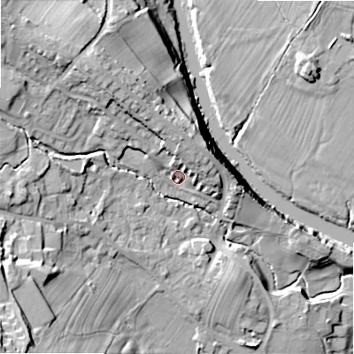 Shaded relief map of the ground around LS290QZ, computed from Environment Agency LiDAR. The ground here sits at about 93 m above sea level and falls 36 m across the surrounding 800 m. Surface water reaching this point runs off ground lying to the north, 7.9 m higher.