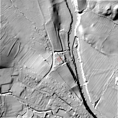 Shaded relief map of the ground around LS290RE, computed from Environment Agency LiDAR. The ground here sits at about 94 m above sea level and falls 38 m across the surrounding 800 m. Surface water reaching this point runs off ground lying to the south-south-west, 7.1 m higher.