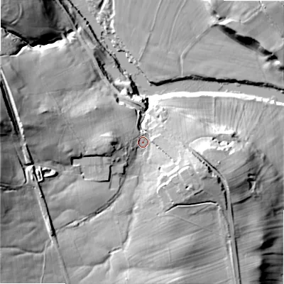 Shaded relief map of the ground around LS290RQ, computed from Environment Agency LiDAR. The ground here sits at about 105 m above sea level and falls 48 m across the surrounding 800 m. Surface water reaching this point runs off ground lying to the west, 30.5 m higher.