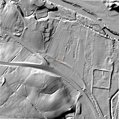 Shaded relief map of the ground around LS290RR, computed from Environment Agency LiDAR. The ground here sits at about 83 m above sea level and falls 47 m across the surrounding 800 m. Surface water reaching this point runs off ground lying to the west-north-west, 2.1 m higher.