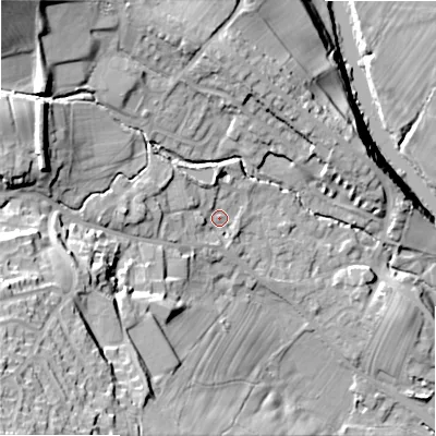 Shaded relief map of the ground around LS290RT, computed from Environment Agency LiDAR. The ground here sits at about 94 m above sea level and falls 52 m across the surrounding 800 m. Surface water reaching this point runs off ground lying to the west-south-west, 17.4 m higher.