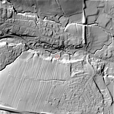 Shaded relief map of the ground around LS290RX, computed from Environment Agency LiDAR. The ground here sits at about 109 m above sea level and falls 66 m across the surrounding 800 m. Surface water reaching this point runs off ground lying to the south-south-west, 22.7 m higher.