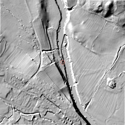 Shaded relief map of the ground around LS290RY, computed from Environment Agency LiDAR. The ground here sits at about 84 m above sea level and falls 46 m across the surrounding 800 m. Surface water reaching this point runs off ground lying to the south-west, 21.6 m higher.