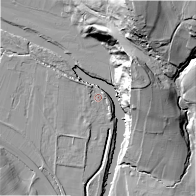 Shaded relief map of the ground around LS290SB, computed from Environment Agency LiDAR. The ground here sits at about 82 m above sea level and falls 72 m across the surrounding 800 m. Surface water reaching this point runs off ground lying to the north-west, 2.8 m higher.