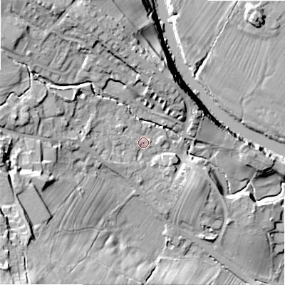 Shaded relief map of the ground around LS290SE, computed from Environment Agency LiDAR. The ground here sits at about 92 m above sea level and falls 45 m across the surrounding 800 m. Surface water reaching this point runs off ground lying to the west, 10.5 m higher.