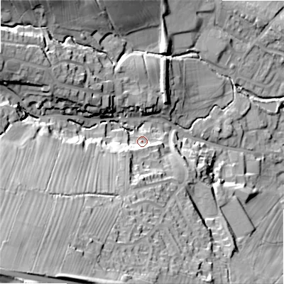 Shaded relief map of the ground around LS290SQ, computed from Environment Agency LiDAR. The ground here sits at about 106 m above sea level and falls 62 m across the surrounding 800 m. Surface water reaching this point runs off ground lying to the south-west, 45.5 m higher.