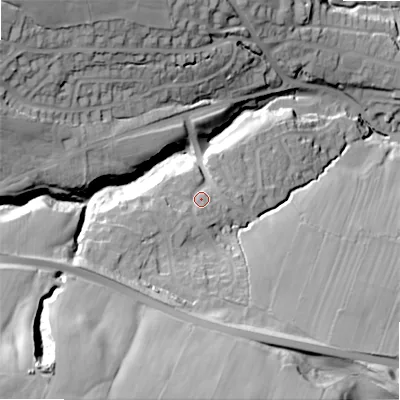 Shaded relief map of the ground around LS290TE, computed from Environment Agency LiDAR. The ground here sits at about 145 m above sea level and falls 77 m across the surrounding 800 m. Surface water reaching this point runs off ground lying to the south-west, 46.0 m higher.