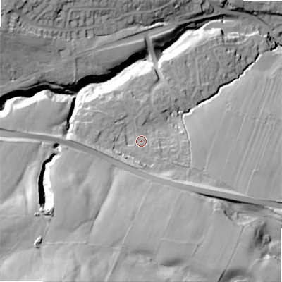 Shaded relief map of the ground around LS290TJ, computed from Environment Agency LiDAR. The ground here sits at about 151 m above sea level and falls 88 m across the surrounding 800 m. Surface water reaching this point runs off ground lying to the south-south-west, 49.6 m higher.