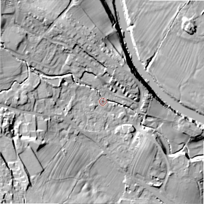 Shaded relief map of the ground around LS290TN, computed from Environment Agency LiDAR. The ground here sits at about 92 m above sea level and falls 43 m across the surrounding 800 m. Surface water reaching this point runs off ground lying to the north-west, 14.8 m higher.