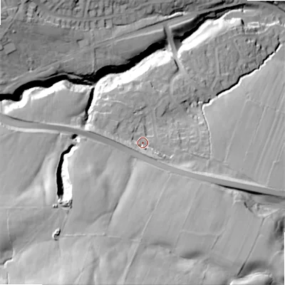 Shaded relief map of the ground around LS290TP, computed from Environment Agency LiDAR. The ground here sits at about 153 m above sea level and falls 88 m across the surrounding 800 m. Surface water reaching this point runs off ground lying to the south-south-east, 7.2 m higher.