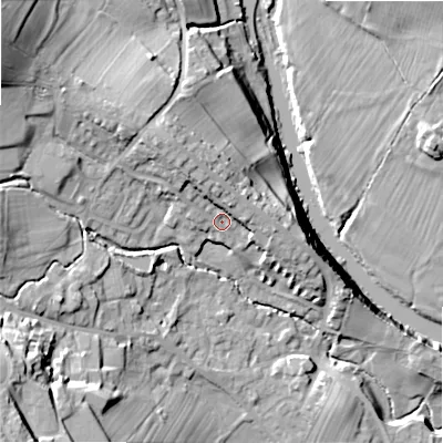 Shaded relief map of the ground around LS290TU, computed from Environment Agency LiDAR. The ground here sits at about 96 m above sea level and falls 36 m across the surrounding 800 m. Surface water reaching this point runs off ground lying to the north, 5.6 m higher.