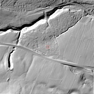 Shaded relief map of the ground around LS290TW, computed from Environment Agency LiDAR. The ground here sits at about 150 m above sea level and falls 90 m across the surrounding 800 m. Surface water reaching this point runs off ground lying to the south-south-west, 50.3 m higher.