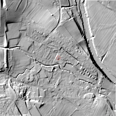 Shaded relief map of the ground around LS290TX, computed from Environment Agency LiDAR. The ground here sits at about 96 m above sea level and falls 41 m across the surrounding 800 m. Surface water reaching this point runs off ground lying to the north-north-west, 8.7 m higher.