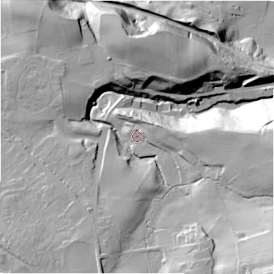 Shaded relief map of the ground around LS296AA, computed from Environment Agency LiDAR. The ground here sits at about 108 m above sea level and falls 74 m across the surrounding 800 m. Surface water reaching this point runs off ground lying to the east, 26.9 m higher.