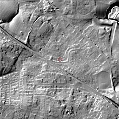 Shaded relief map of the ground around LS296PP, computed from Environment Agency LiDAR. The ground here sits at about 113 m above sea level and falls 49 m across the surrounding 800 m. Surface water reaching this point runs off ground lying to the south, 25.3 m higher.