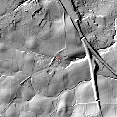 Shaded relief map of the ground around LS297AB, computed from Environment Agency LiDAR. The ground here sits at about 99 m above sea level and falls 39 m across the surrounding 800 m. Surface water reaching this point runs off ground lying to the west-south-west, 3.3 m higher.
